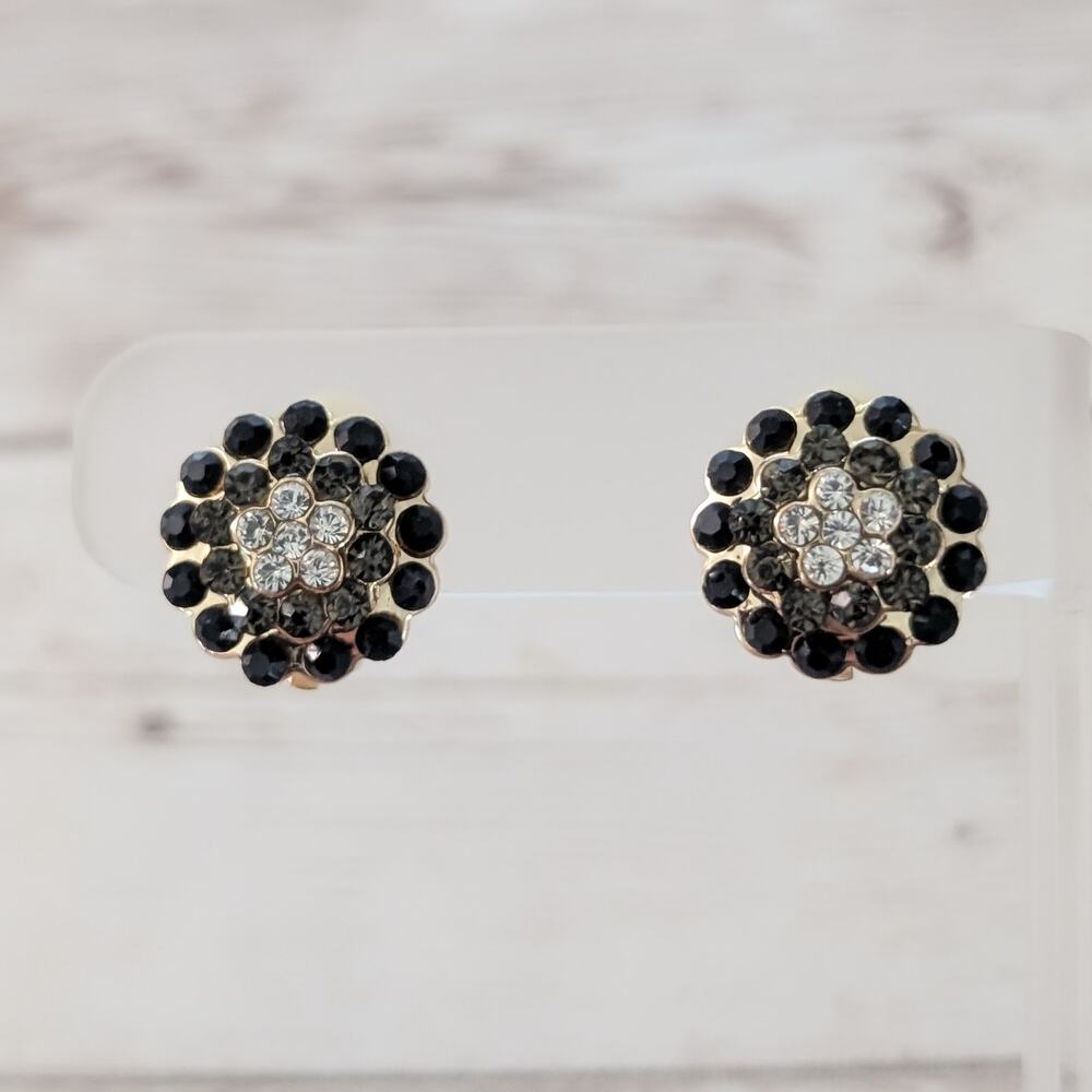 Vintage Clip On Earrings Stunning Black, Grey, Clear Gems
